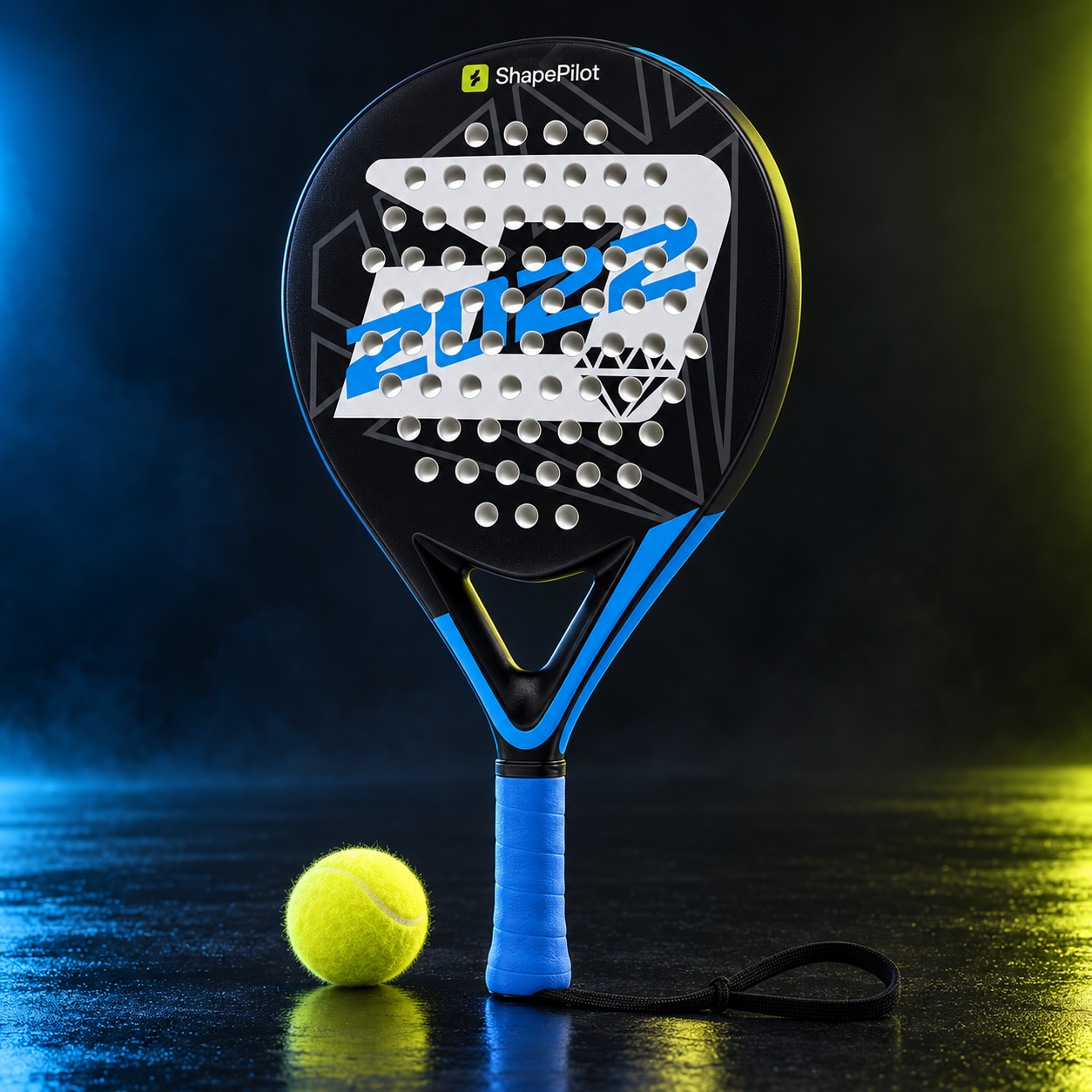 A ShapePilot padel racket with a black and blue frame, featuring a white and blue 2022 graphic on the paddle face, shown next to a yellow tennis ball on a dark reflective surface with dramatic blue and yellow lighting.