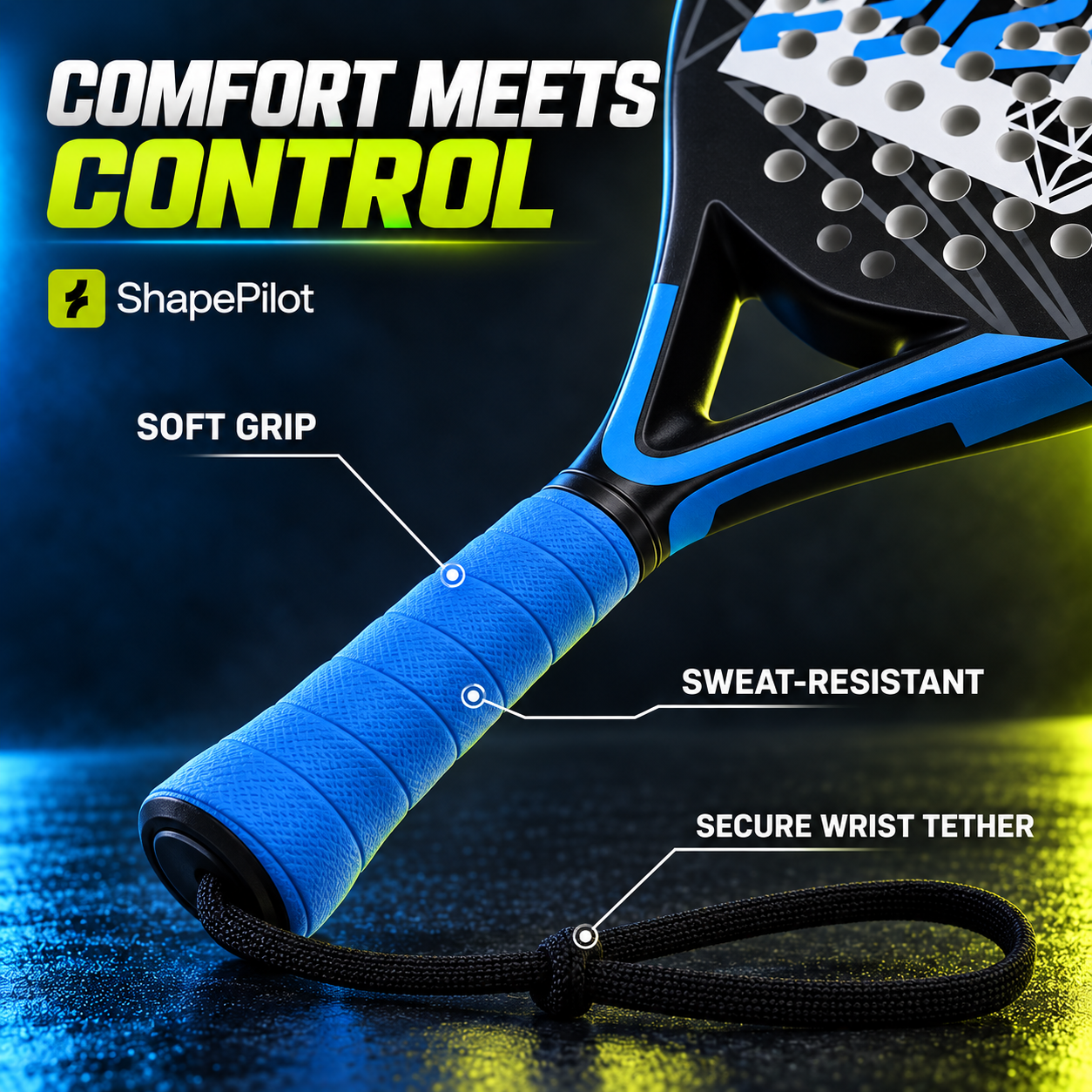 Close-up of a blue and black paddle racket handle with a black wrist loop, overlaid with feature callouts reading 'SOFT GRIP', 'SWEAT-RESISTANT', and 'SECURE WRIST TETHER', plus the ShapePilot logo and the headline 'COMFORT MEETS CONTROL'.