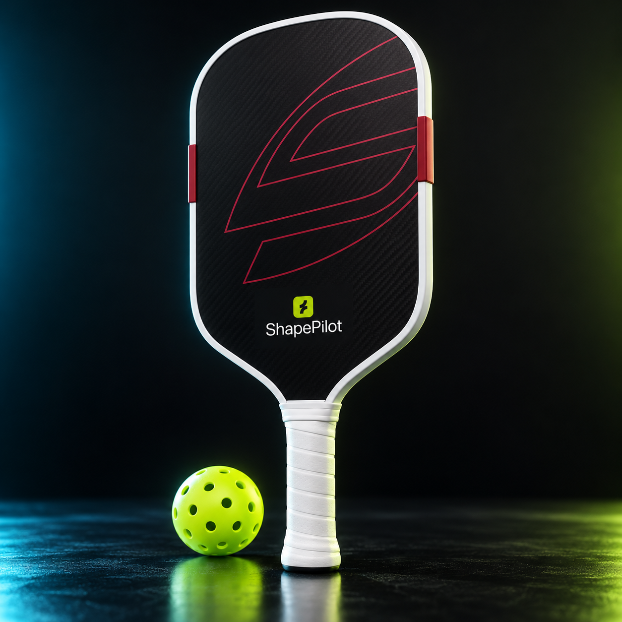 A ShapePilot pickleball paddle with a black carbon fiber pattern face, red accents, and a white wrapped handle, standing upright next to a neon yellow pickleball on a dark reflective surface.