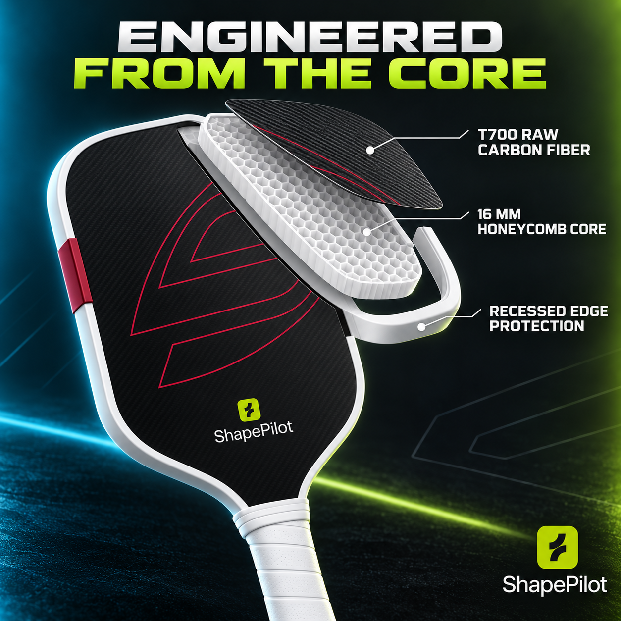 A ShapePilot pickleball paddle shown in a promotional graphic with callout text explaining its materials: T700 raw carbon fiber, a 15 mm honeycomb core, and recessed edge protection.