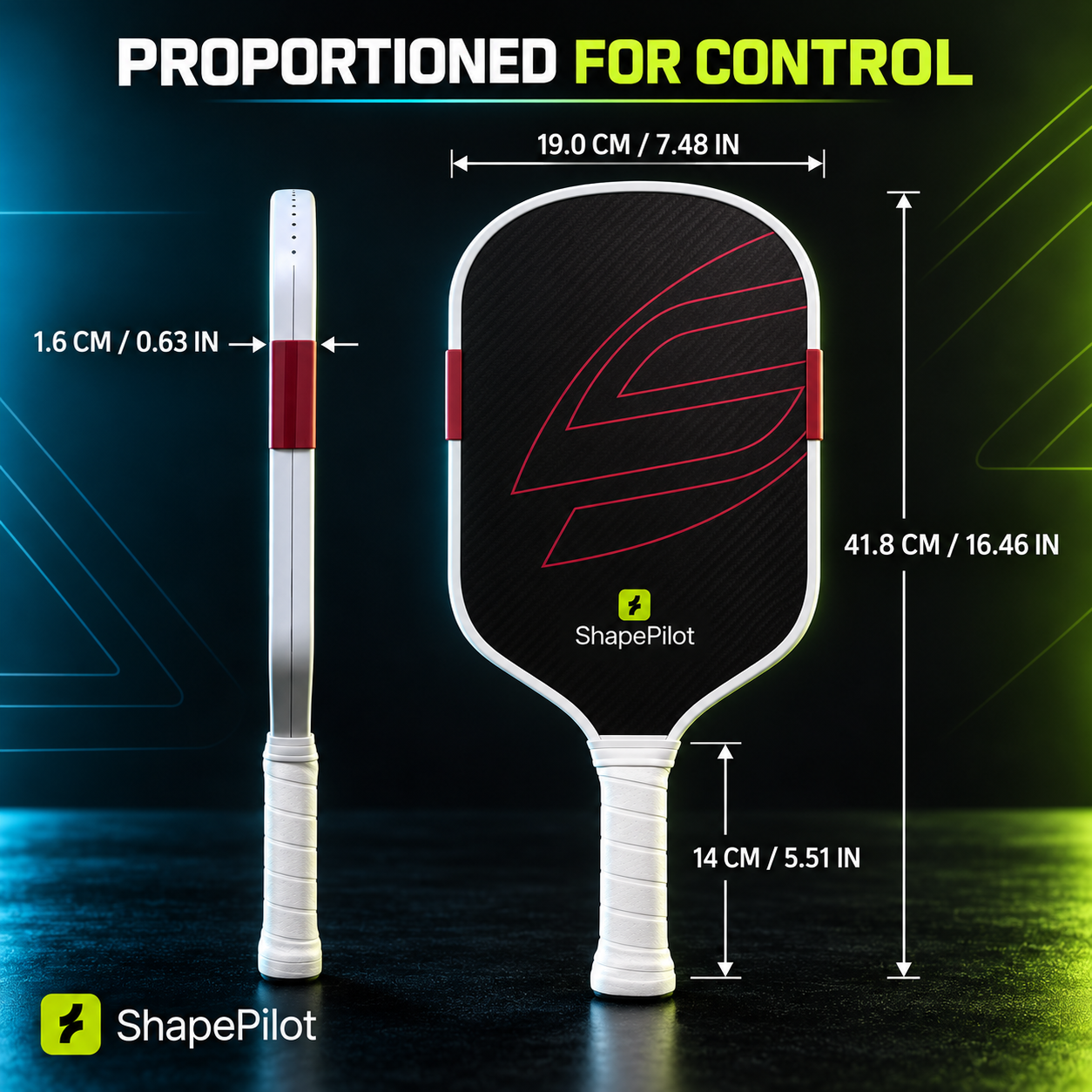 A product dimension diagram for a pickleball paddle showing front and side views with labeled measurements: 19.0 cm width, 1.