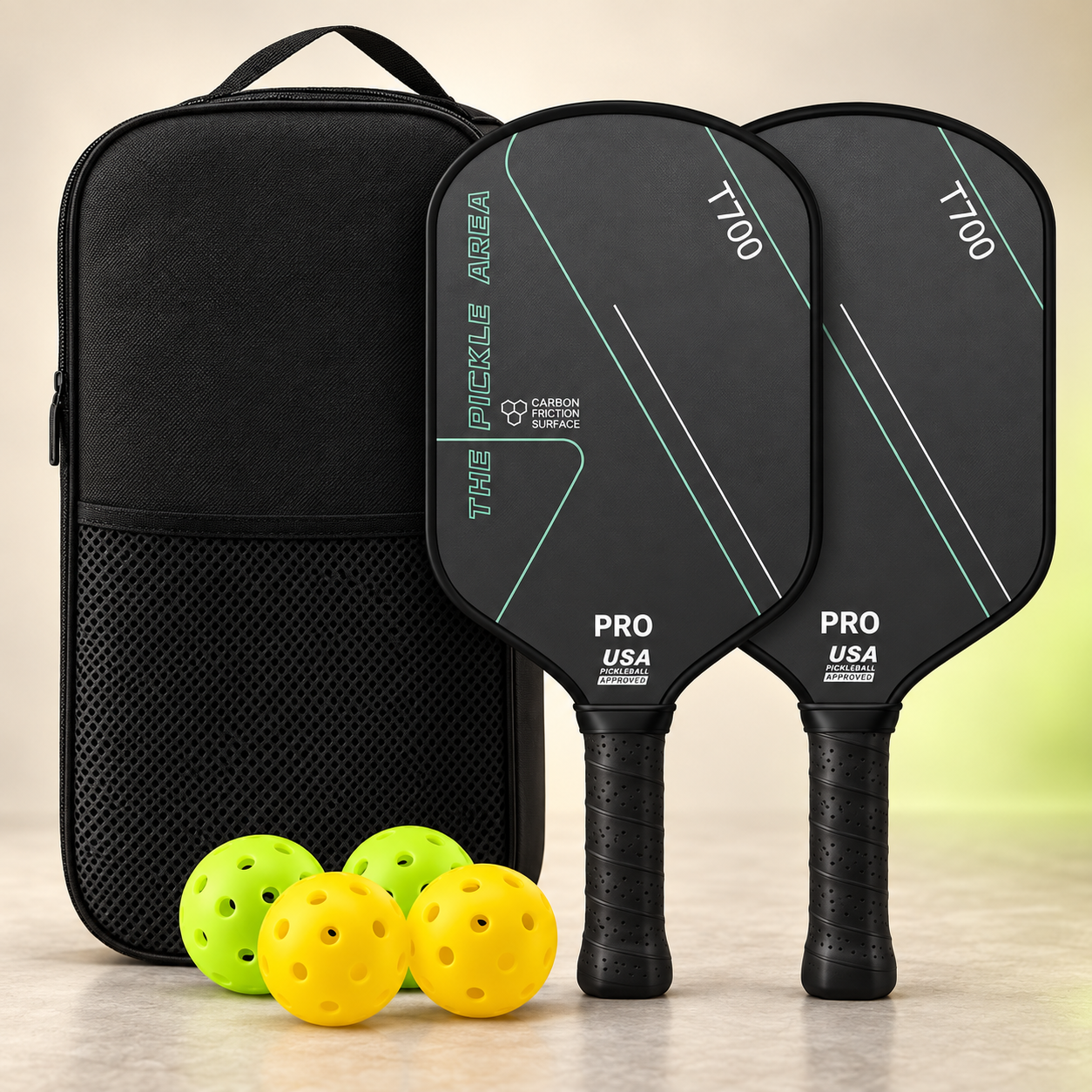 Two charcoal T700 carbon-fibre pickleball paddles with four yellow and lime balls and a black carrying case.