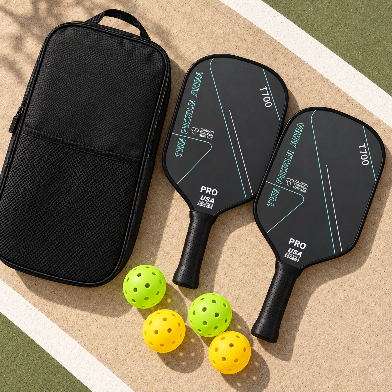 Two charcoal T700 carbon-fibre pickleball paddles with four yellow and lime balls and a black carrying case.