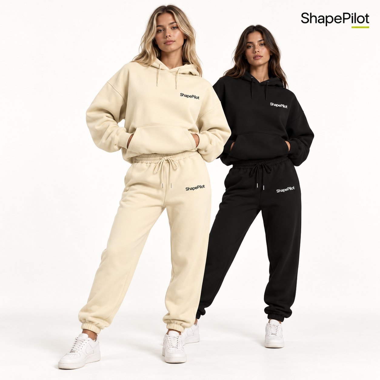 Two women modeling ShapePilot sweatpants and hoodies in two colorways: one in cream/beige and one in black. Both outfits feature matching jogger sweatpants and a pullover hoodie with a drawstring waist and a small white embroidered ShapePilot logo on the chest and thigh.