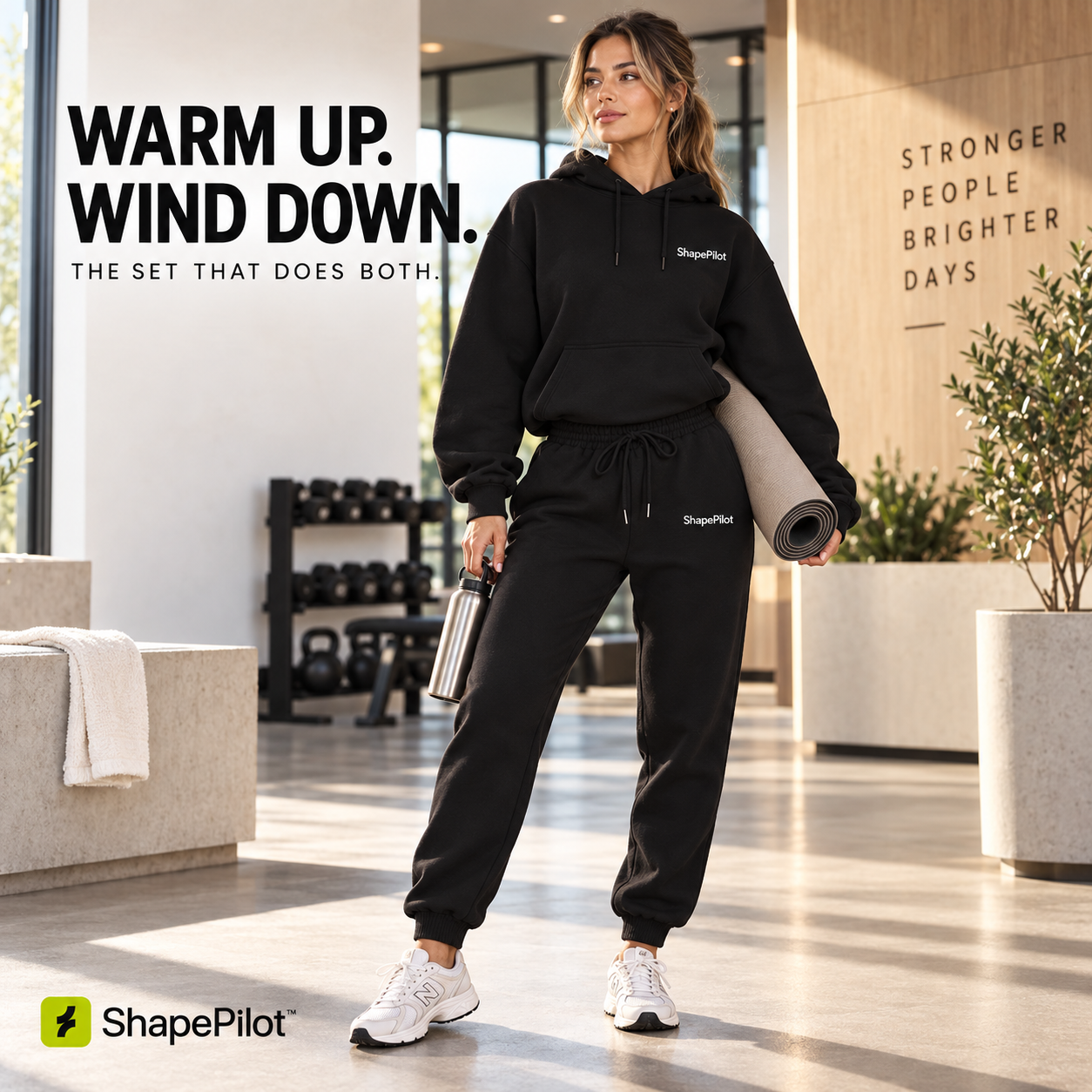 A woman stands in a modern gym setting wearing a black ShapePilot hoodie and matching jogger sweatpants, holding a water bottle and a rolled yoga mat. Large text on the left reads 'WARM UP.