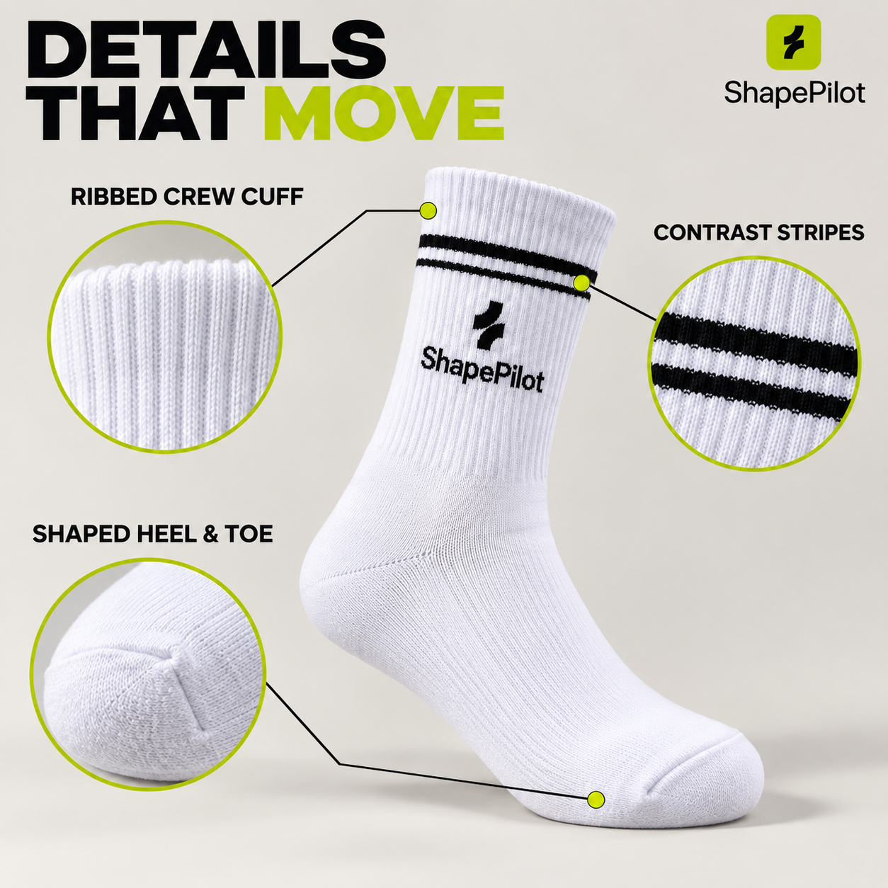 White athletic crew sock with black contrast stripes and the ShapePilot logo, shown on a light beige background with callout circles highlighting the ribbed crew cuff, contrast stripes, and shaped heel and toe.
