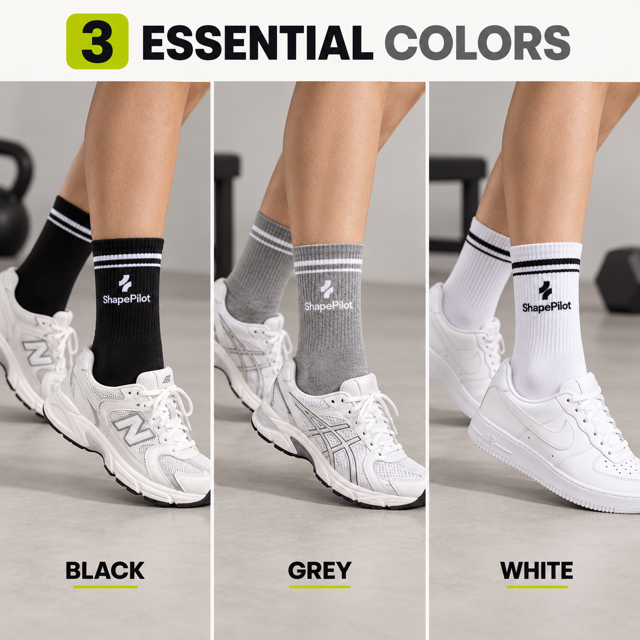 Three panels show a person's lower legs wearing ShapePilot crew socks in black, grey, and white, paired with white sneakers on a gym floor. The top text reads '3 ESSENTIAL COLORS' and the bottom labels the colorways as BLACK, GREY, and WHITE.