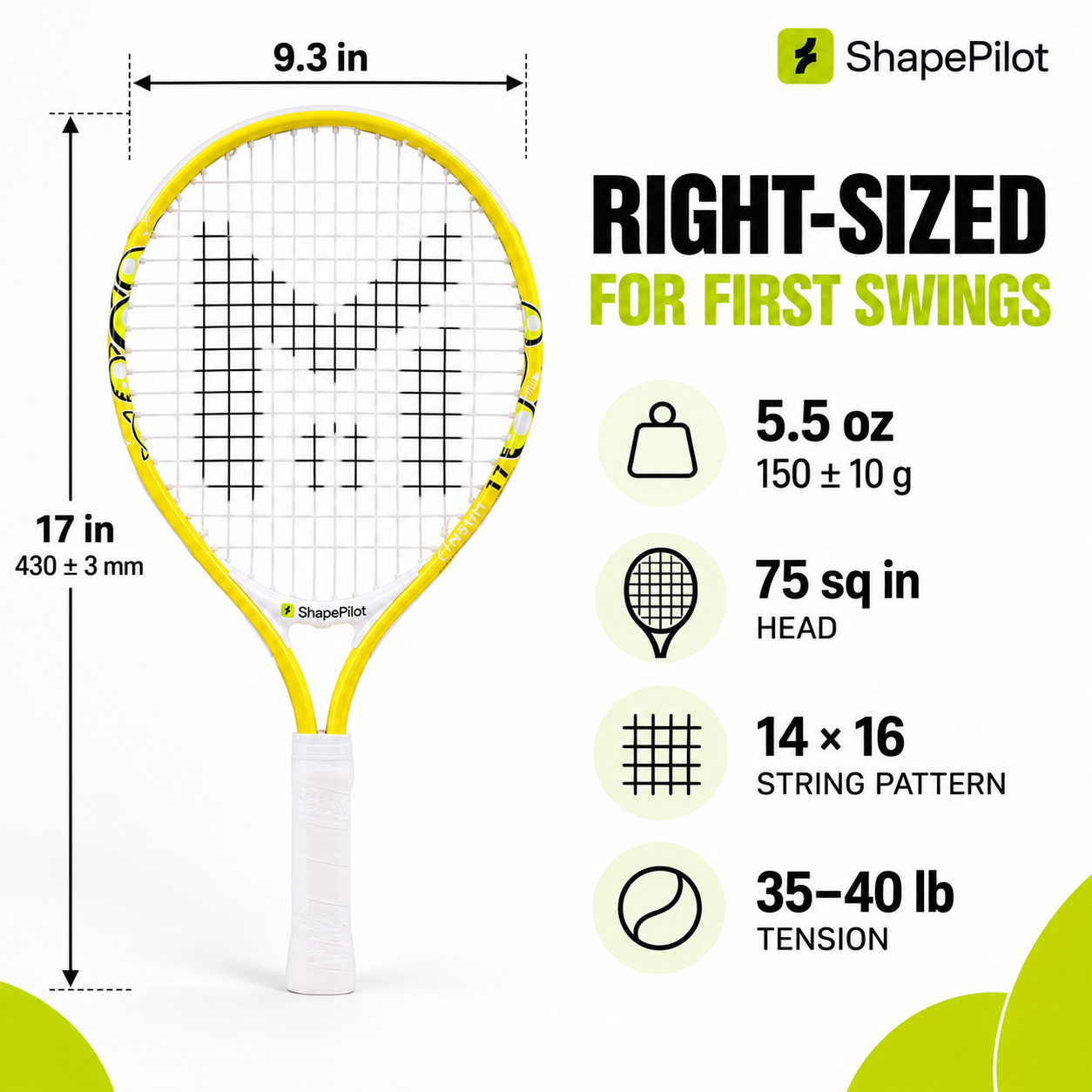 A yellow and white tennis racket shown on a white background with measurement callouts and product specs. The image includes the ShapePilot logo and text reading 'RIGHT-SIZED FOR FIRST SWINGS' with dimensions and weight information.