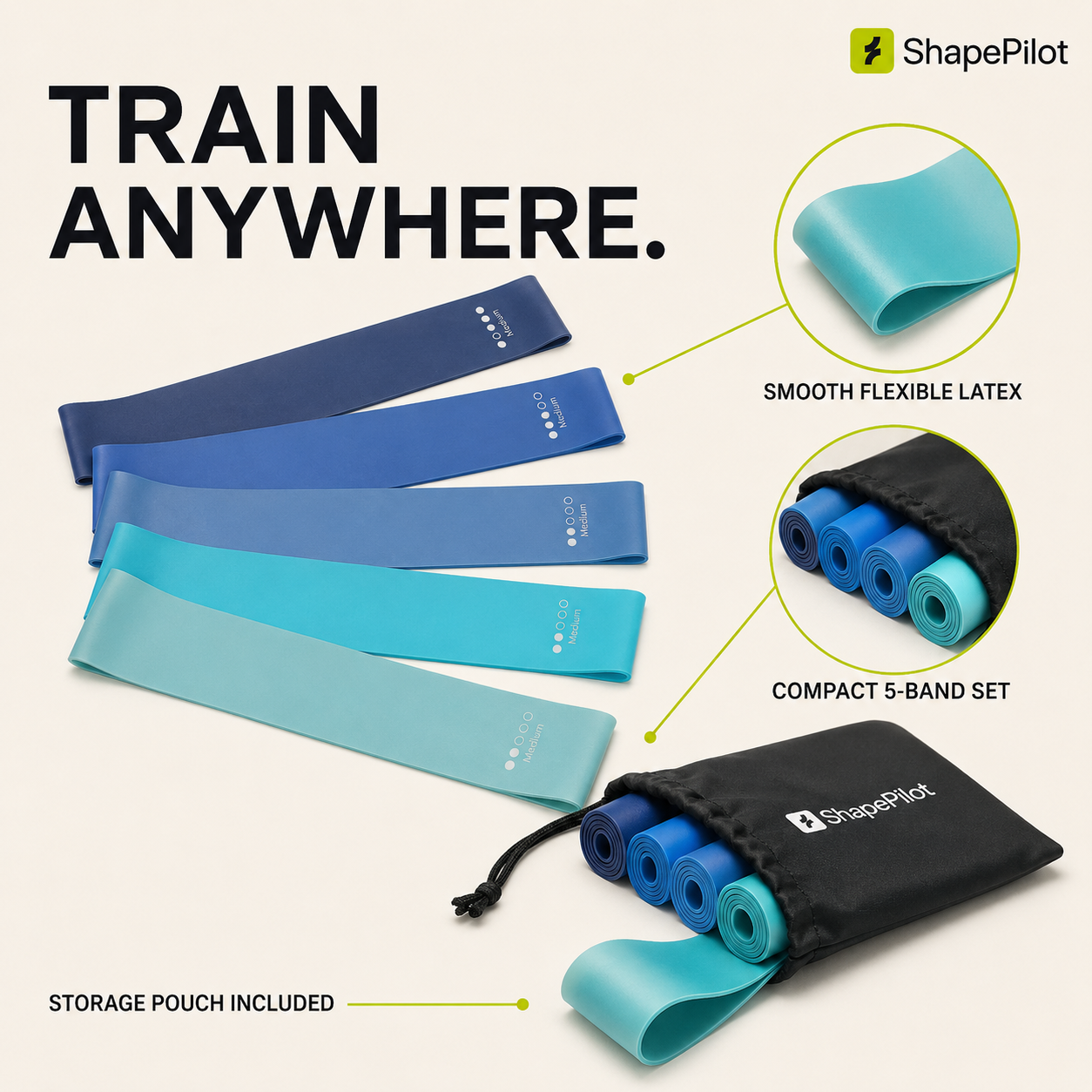FlexLoop 5-Level Resistance Band Set - extra light to extra heavy fitness bands for home workouts