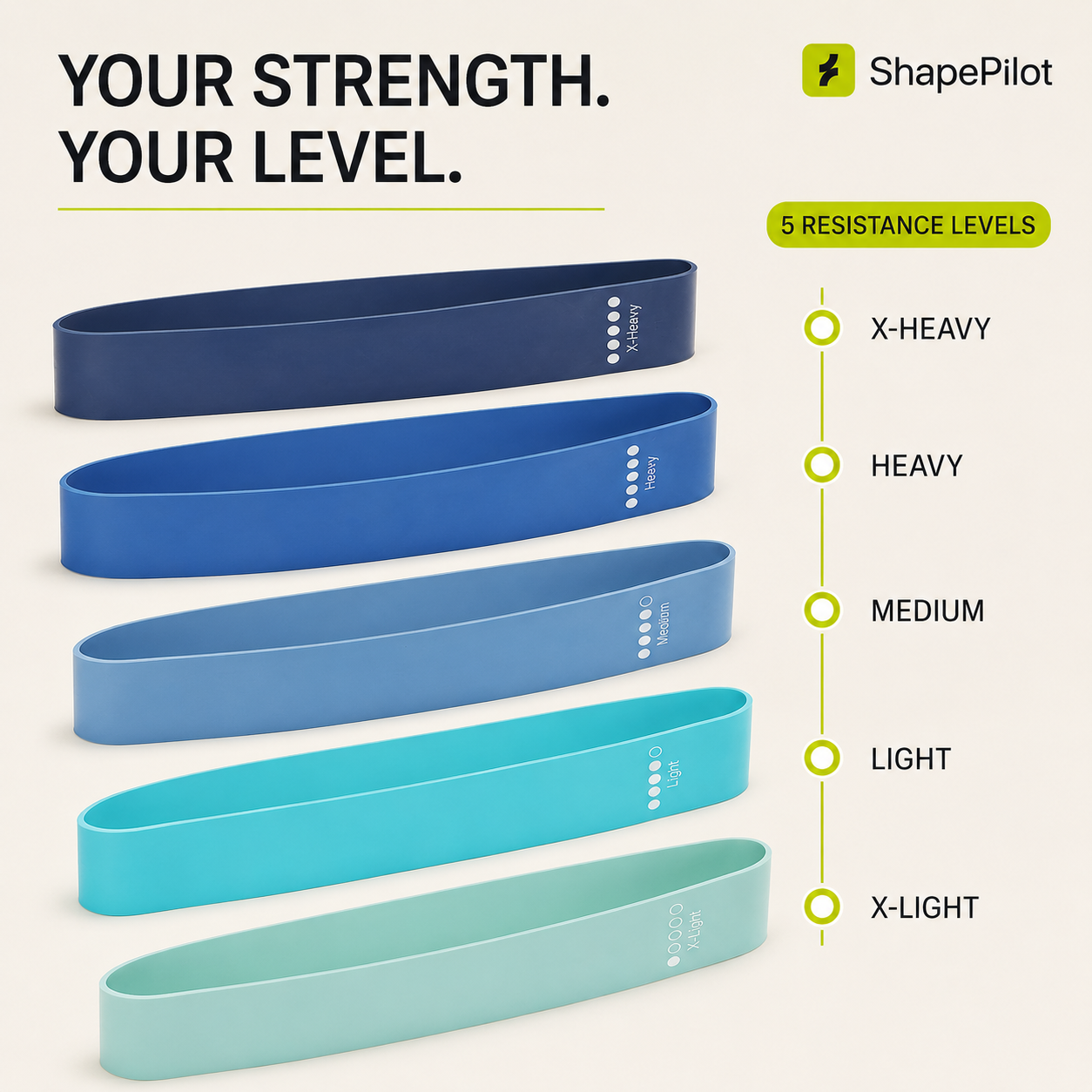 FlexLoop 5-Level Resistance Band Set - extra light to extra heavy fitness bands for home workouts