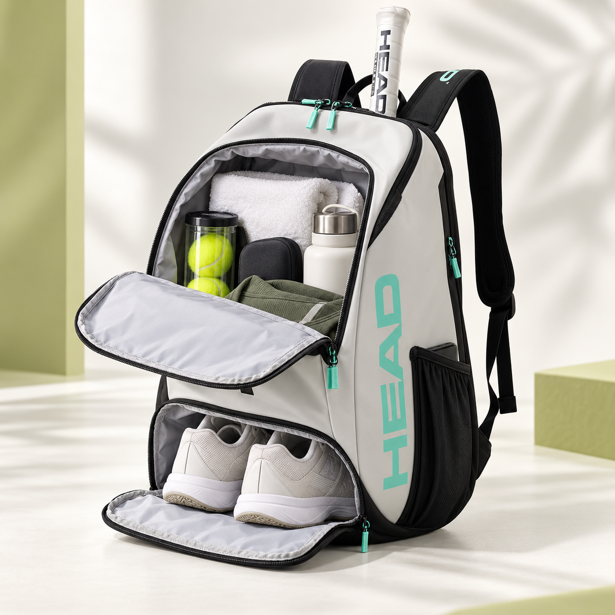 HEAD Tour 25L white, black and teal racquet backpack with dedicated shoe and equipment compartments.
