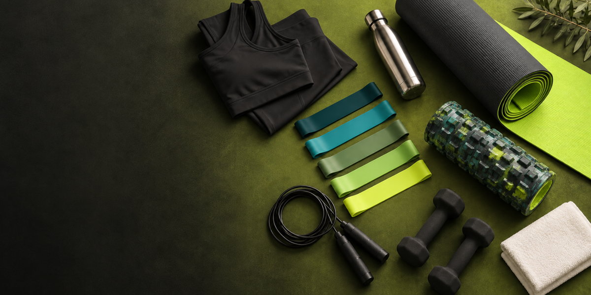 A curated flat-lay of fitness gear on a dark green surface, including a black athletic tank top, a rolled black yoga mat, resistance bands in teal, green, and yellow-green, a patterned foam roller, dumbbells, a jump rope, a metal water bottle, and a white towel.