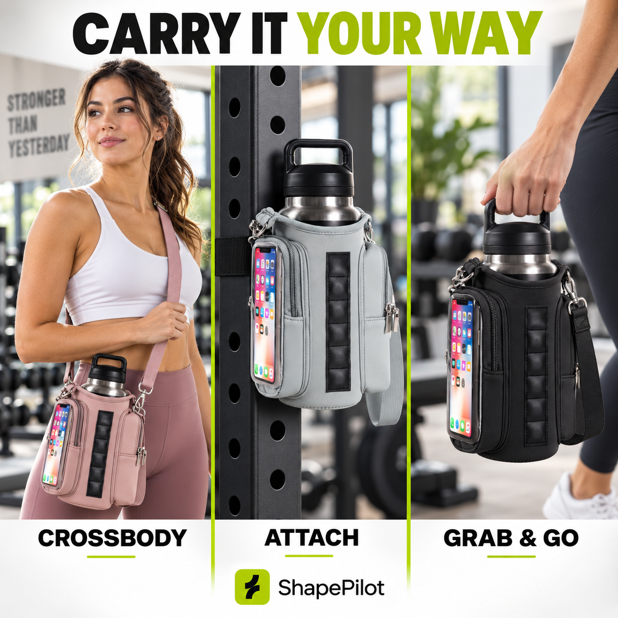 Three-panel promotional graphic for a ShapePilot crossbody water bottle bag. Left panel shows a woman wearing a pink version with a phone visible in the front pocket.