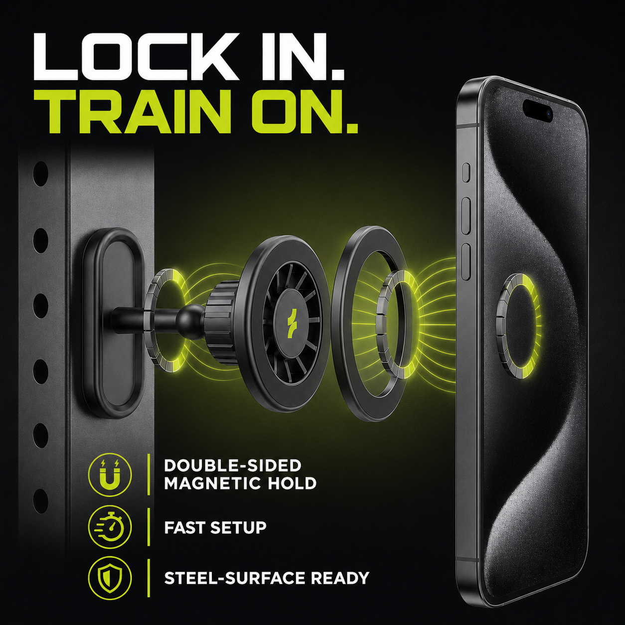 MagLock Gym Phone Mount for treadmill, bike, and equipment handlebars