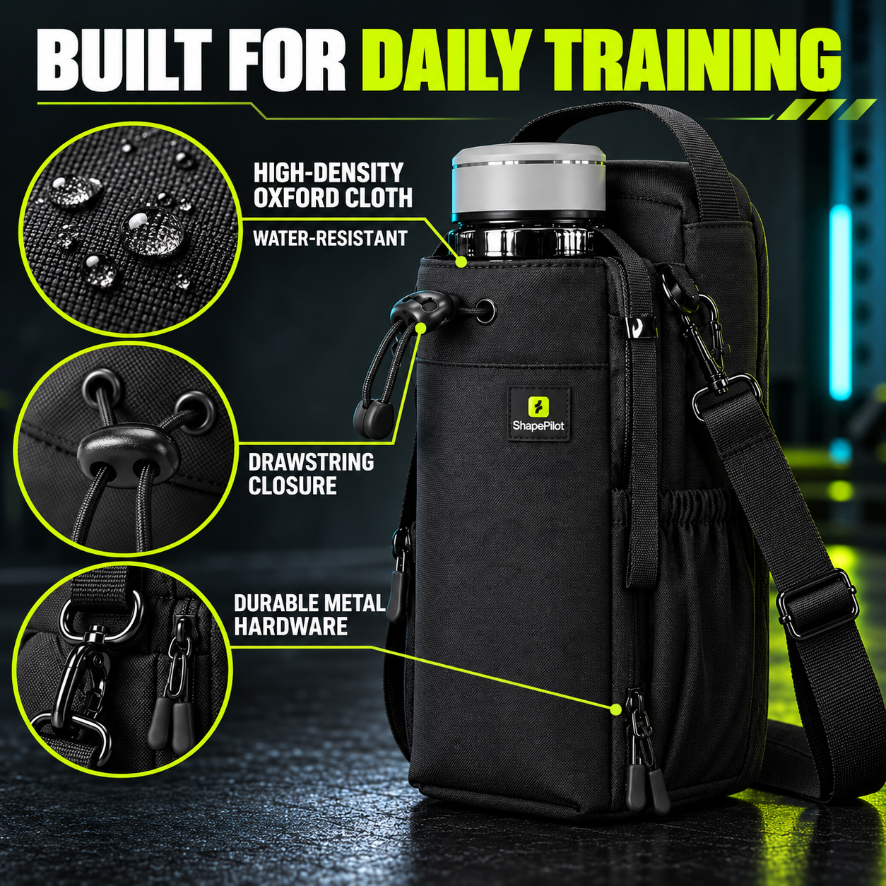 Black SheenoFit water bottle carrier bag with a shoulder strap, shown with callout graphics and text highlighting features like high-density Oxford cloth, water resistance, drawstring closure, and durable metal hardware.