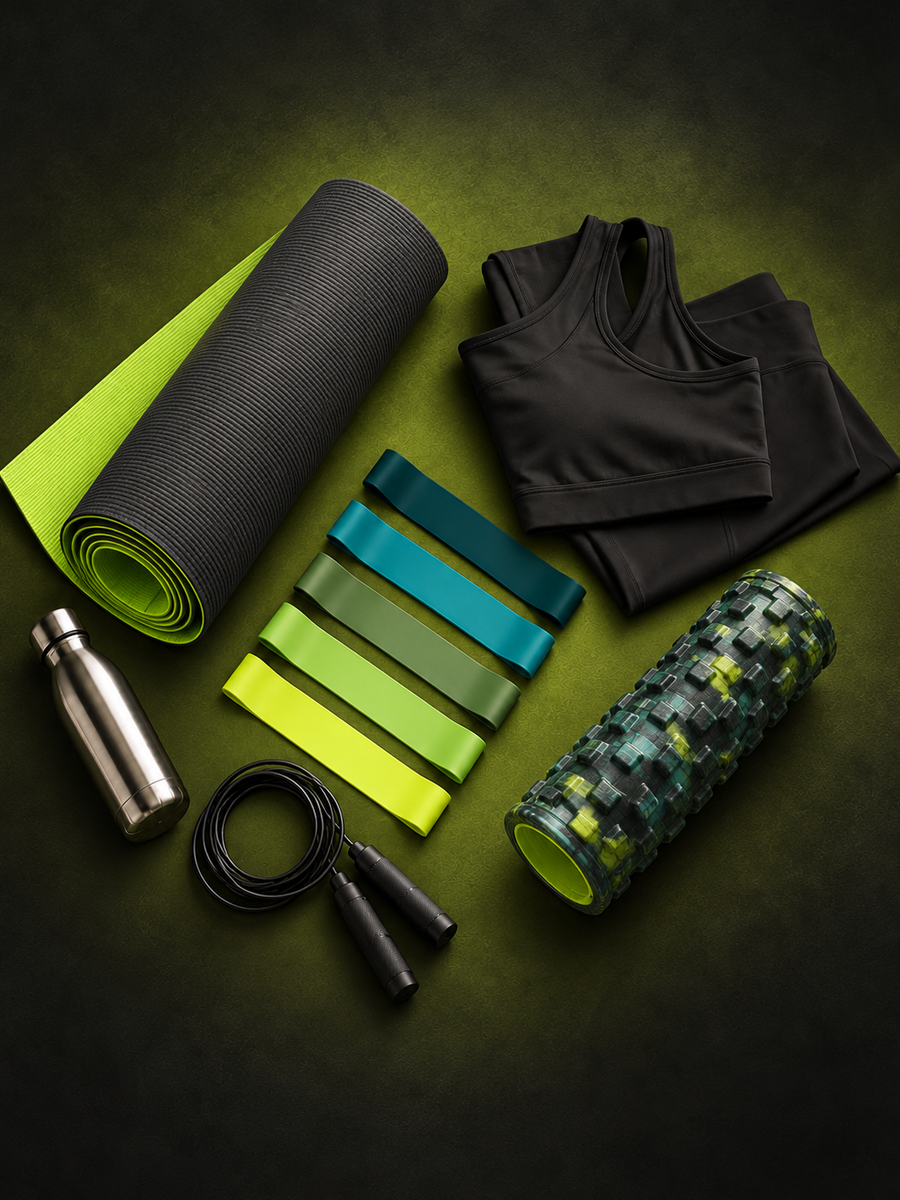 A flat-lay arrangement of fitness accessories on a dark textured background, including a rolled black yoga mat with a bright green underside, a black sports bra, folded black leggings, a silver water bottle, a jump rope, a stack of resistance bands in green and teal, and a patterned foam roller.
