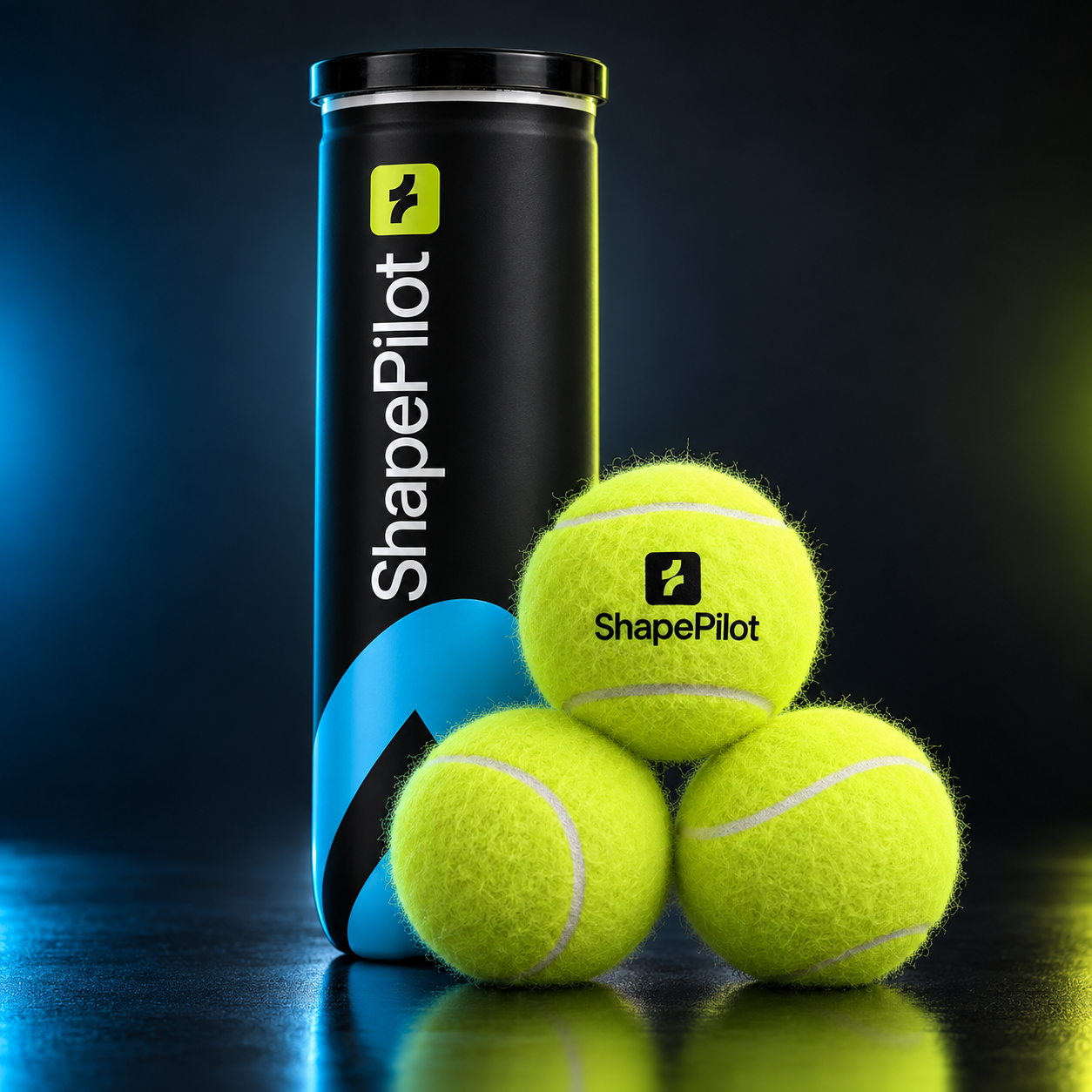 Three yellow tennis balls with white lines and the ShapePilot logo rest in front of a tall black cylindrical canister with a black lid. The canister is branded with the ShapePilot name and logo, featuring a blue graphic accent near the bottom.
