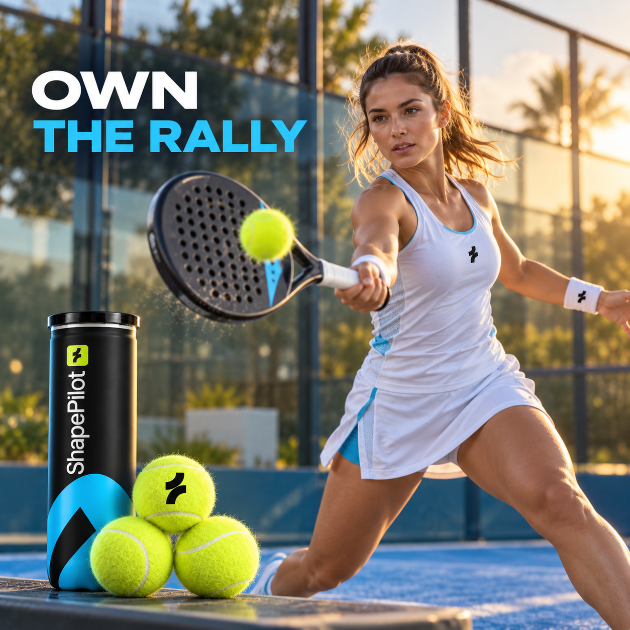 A woman in a white tennis dress swings a paddle racket on an outdoor tennis court, with tennis balls and a black ShapePilot canister in the foreground. Large text reads 'OWN THE RALLY'.