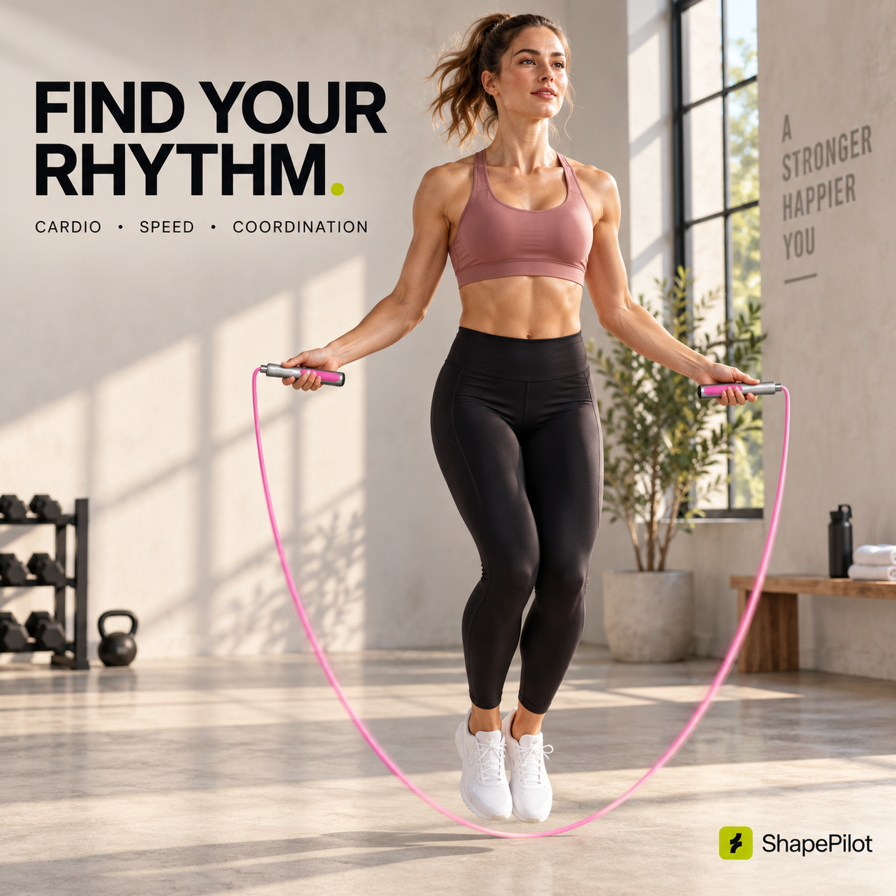 A woman in a pink sports bra and black leggings jumps rope in a bright fitness studio. Large text on the left reads 'FIND YOUR RHYTHM.