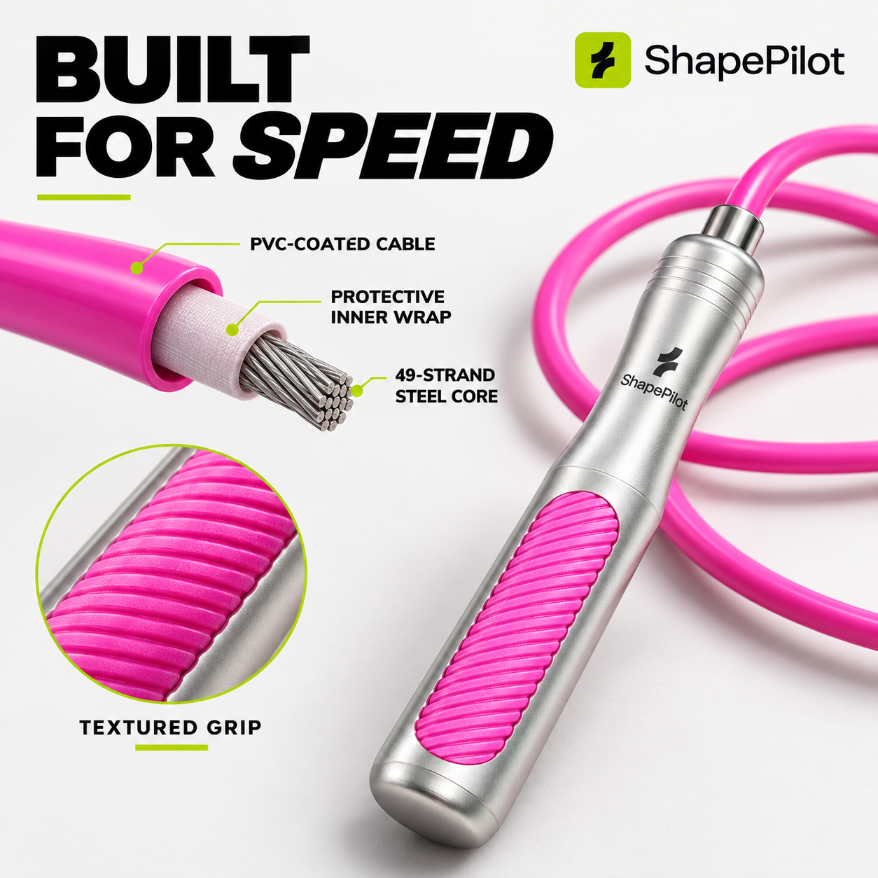 Pink and silver ShapePilot jump rope shown on a clean white background with marketing text and callout labels highlighting the PVC-coated cable, protective inner wrap, steel core, and textured grip.