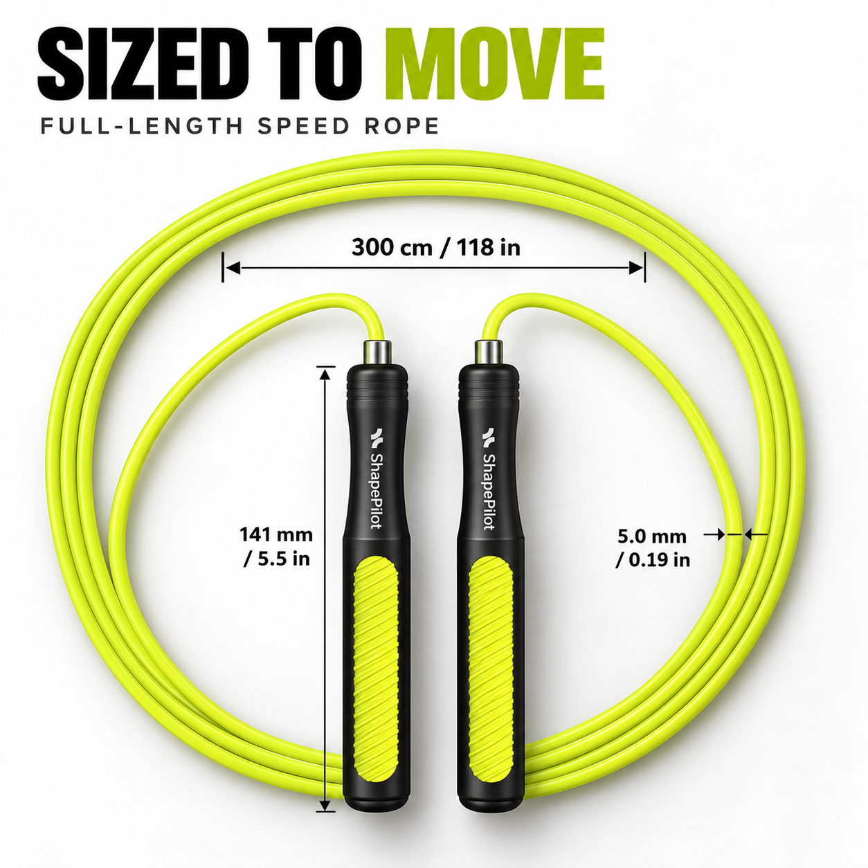 A neon yellow speed rope with black and yellow handles, shown on a white background with measurement callouts reading 300 cm / 118 in, 141 mm / 5.5 in, and 5.
